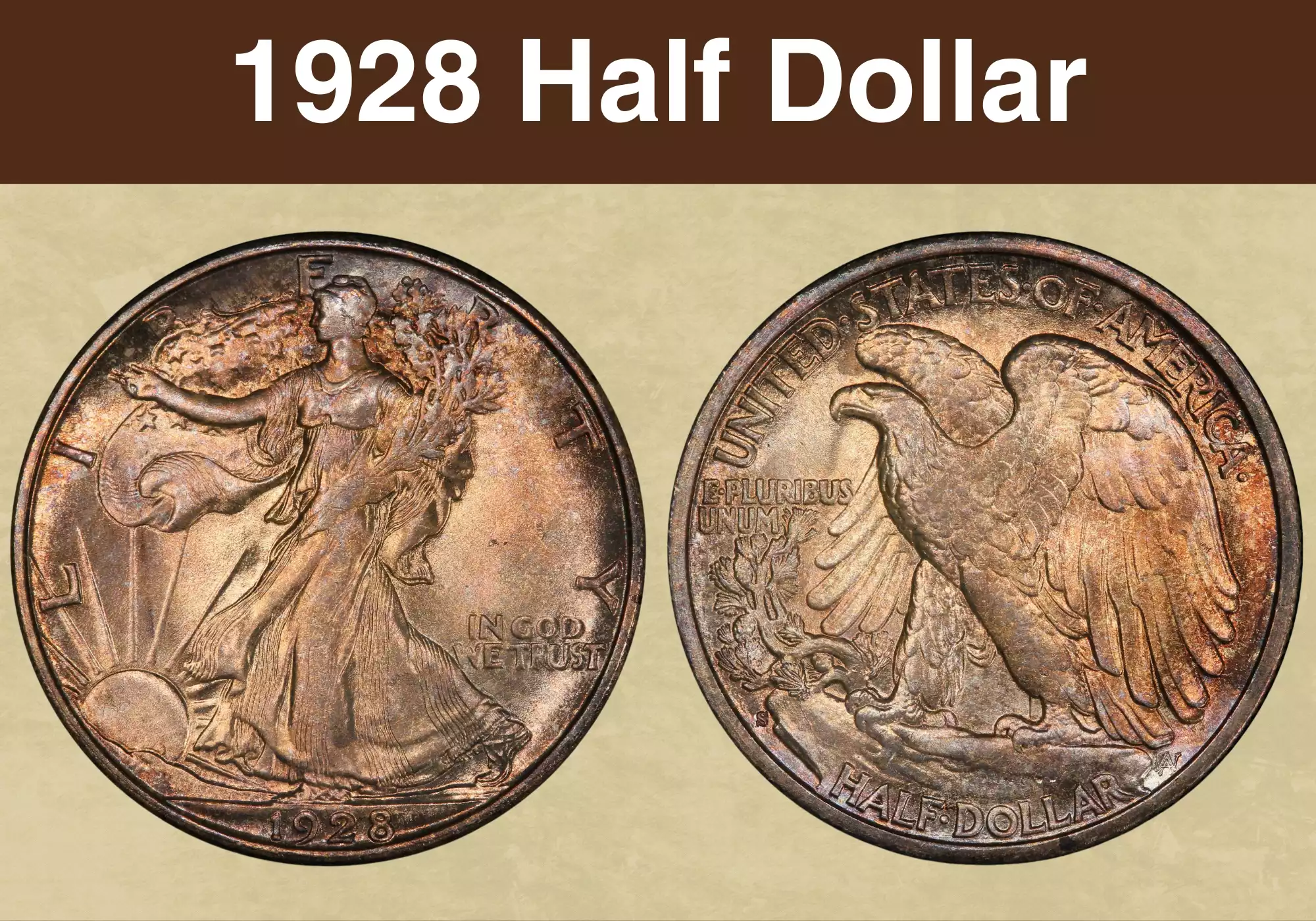 1928-S Walking Liberty Half Dollar obverse and reverse showing Liberty striding with flag and the American eagle