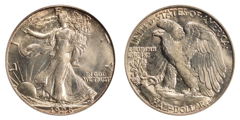 1928-S Walking Liberty Half Dollar Large S mintmark versus Small S MMS-002 mintmark comparison close-up