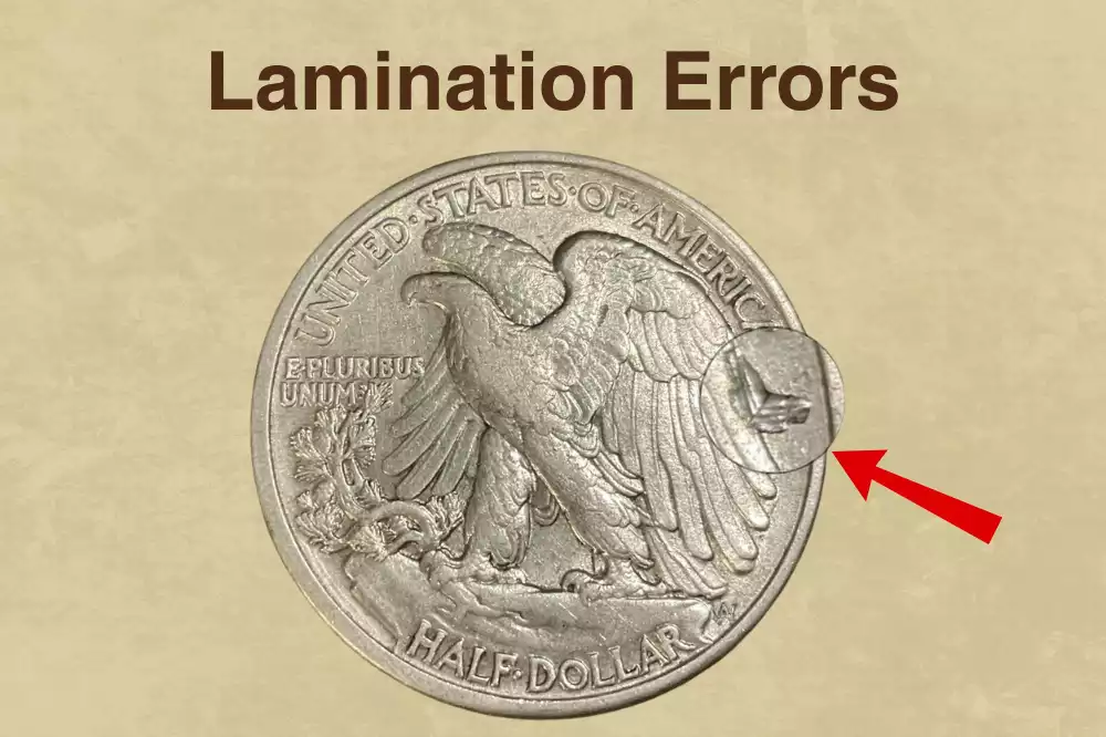 1928-S Walking Liberty half dollar lamination error showing silver surface peeling from the planchet
