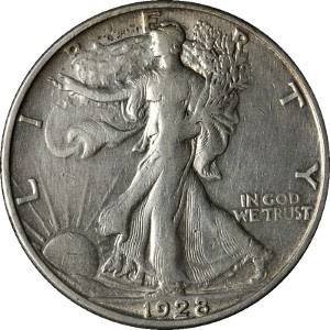 1928-S Walking Liberty half dollar die scratch error showing raised parallel lines across the coin field