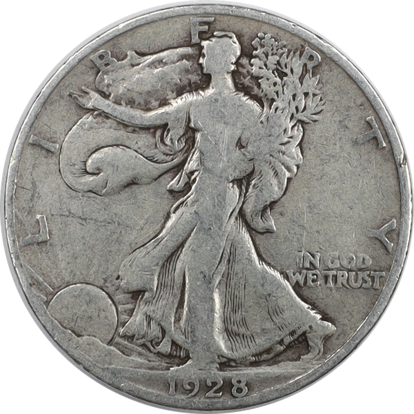 1928-S Walking Liberty half dollar off-center strike showing blank planchet crescent and shifted design