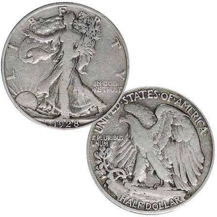 1928-S Walking Liberty half dollar grading strip showing Good, Fine/VF, AU, and Mint State condition examples side by side